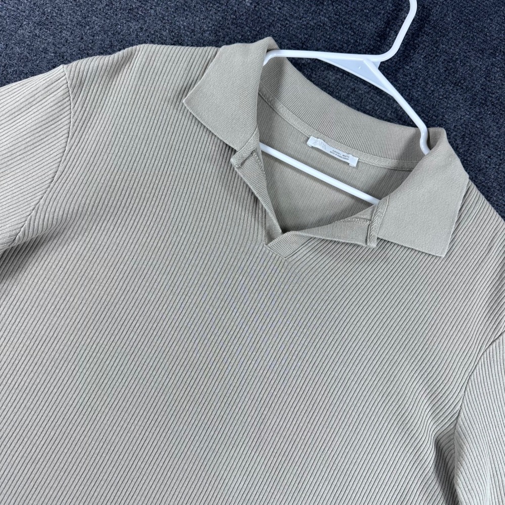 Zara Polo Shirt Mens L Large Khaki Tan Ribbed Knit Short Sleeve V-Neck Casual